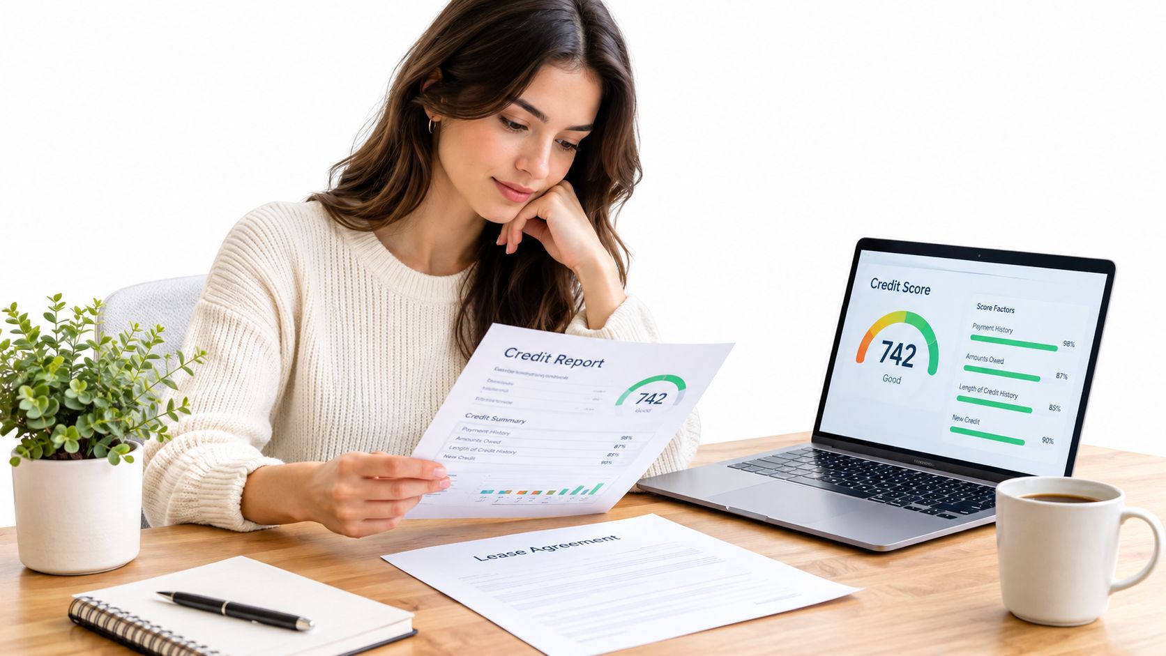 A woman reviewing her credit report and lease agreement at a desk with a laptop computer.