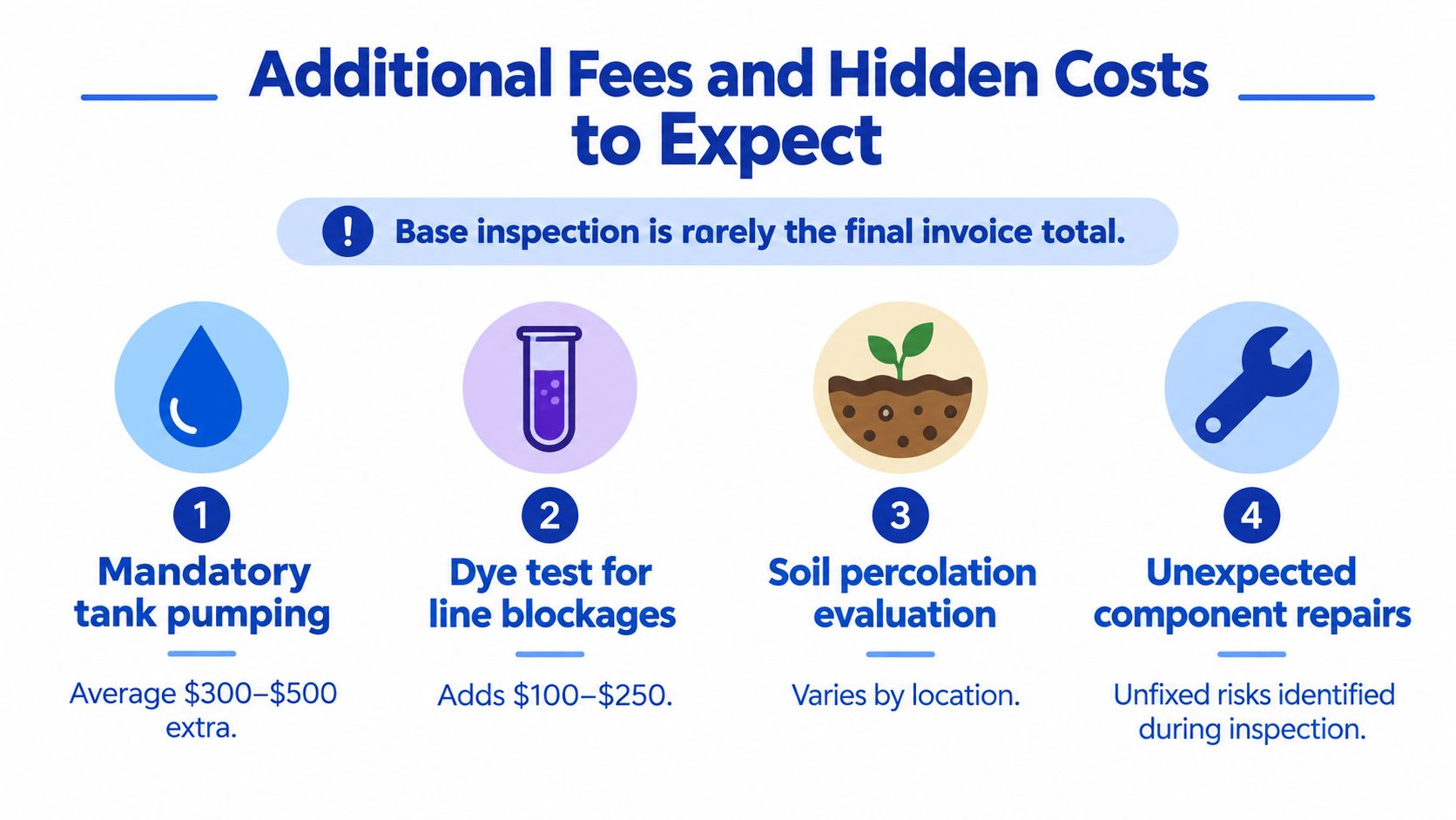 An infographic detailing common additional costs and hidden fees associated with professional septic system inspections.