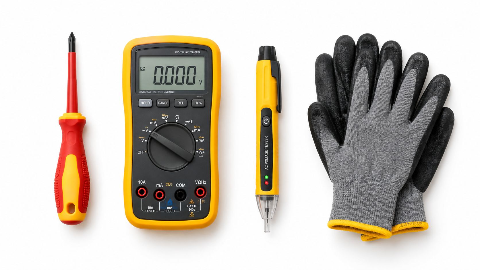 A professional electrician tool set including a screwdriver, digital multimeter, non-contact voltage tester, and safety gloves.
