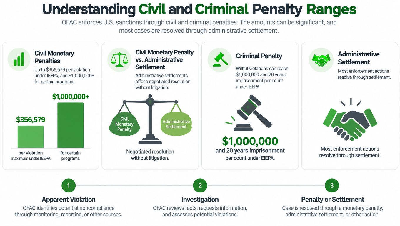 An infographic detailing OFAC civil and criminal penalty ranges, administrative settlements, and the enforcement process steps.