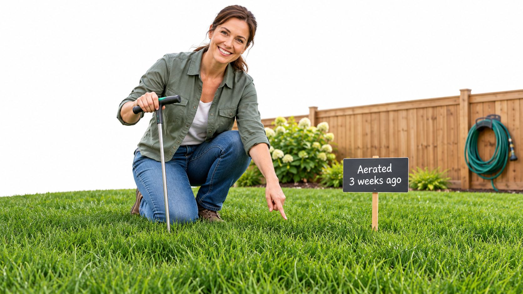 A smiling woman kneels on a lush green lawn next to a sign indicating it was aerated.