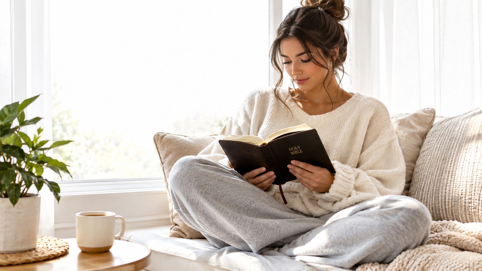A young woman wearing a cozy sweater reading a Holy Bible while sitting by a bright window.