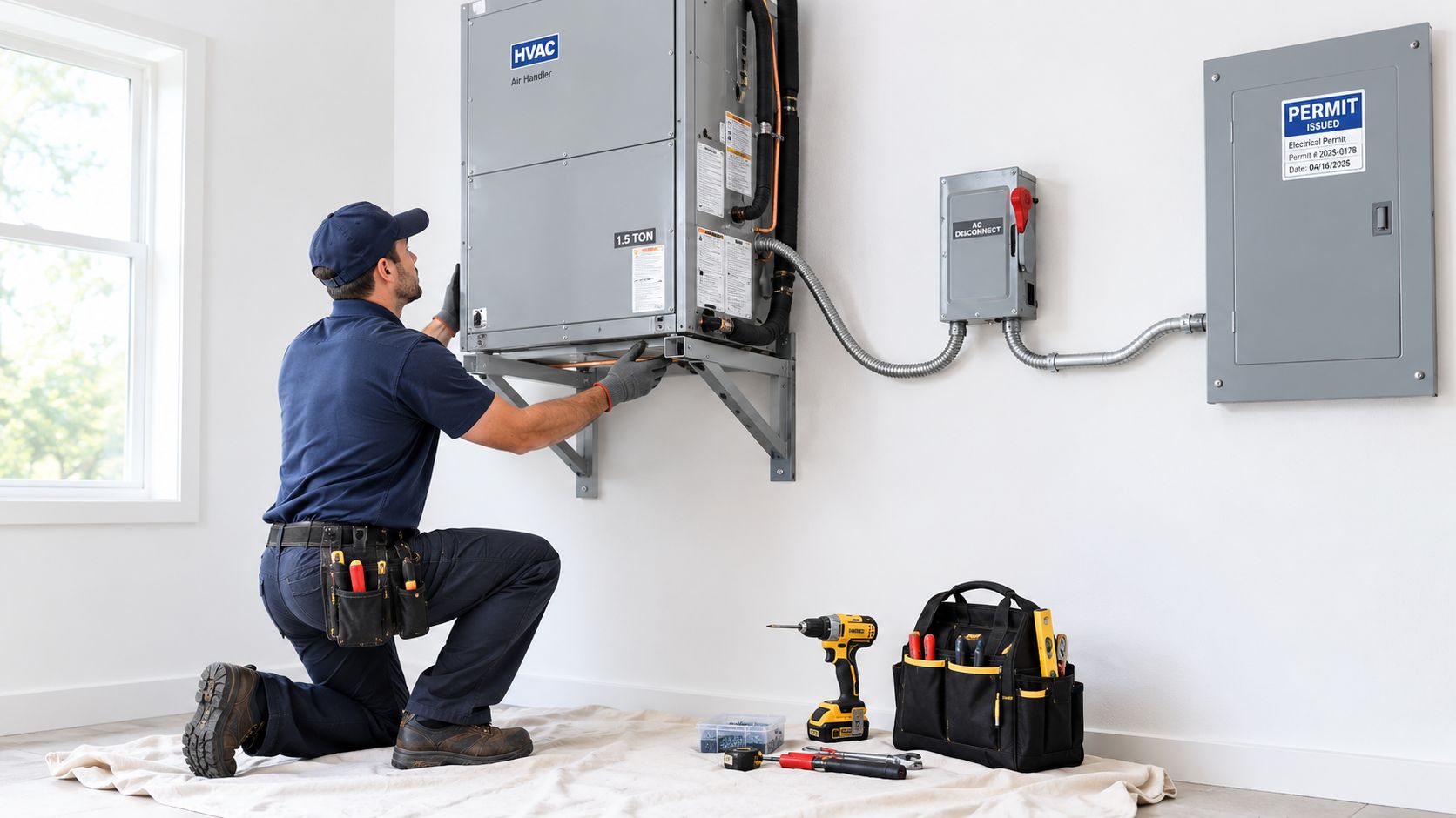 A professional HVAC technician kneeling and installing a wall-mounted 1.5 ton air handler unit indoors.