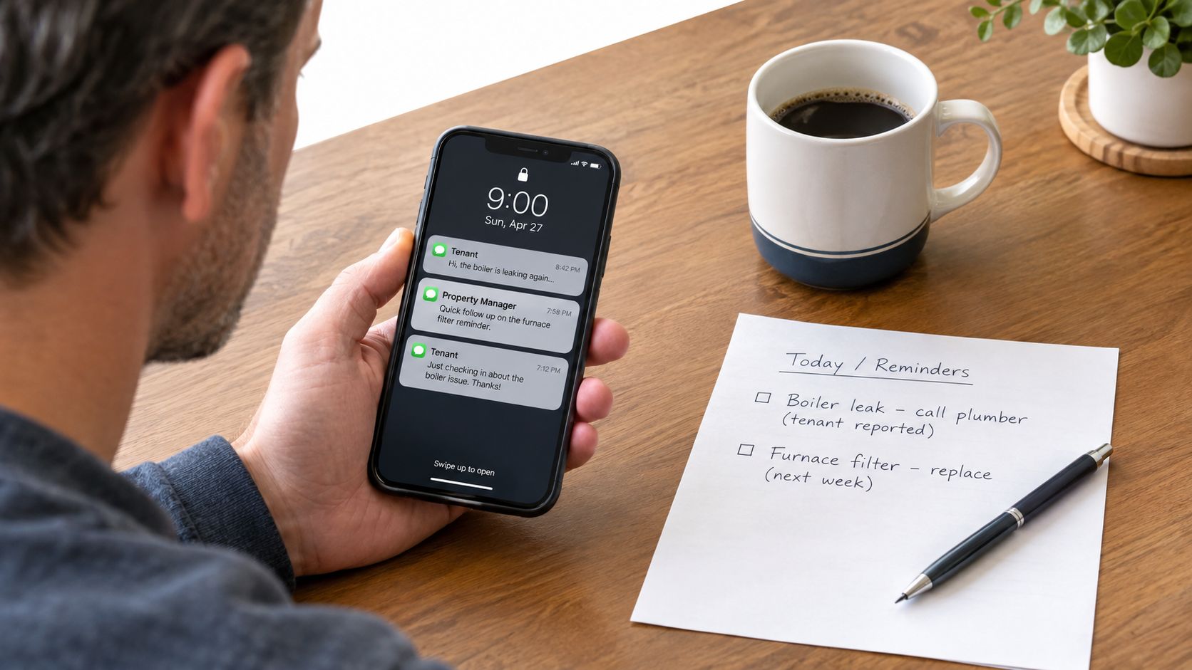 A man looks at his smartphone showing maintenance notifications while sitting at a desk with a task list.