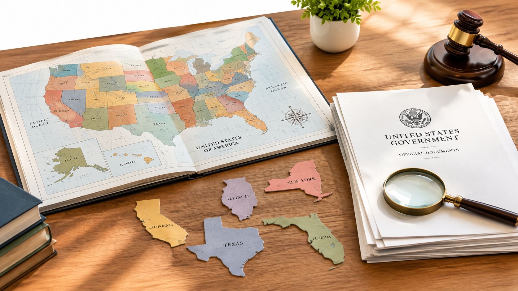 A gavel, law books, a map of the United States, and official government documents on a wooden desk.