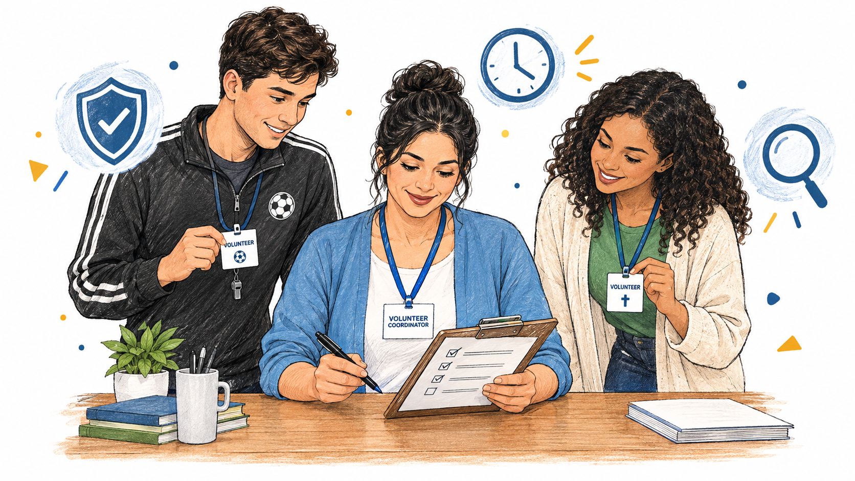 A volunteer coordinator reviewing documents with two smiling volunteers, emphasizing safety, time management, and thorough screening.