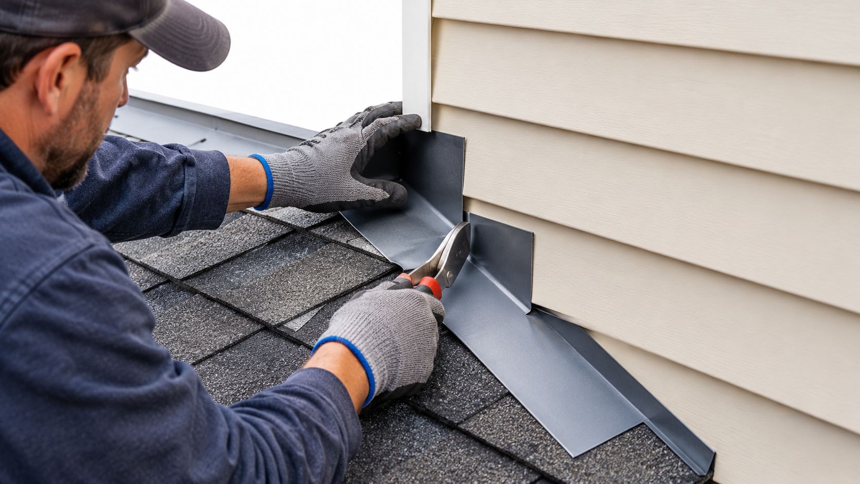 A professional construction worker carefully installs metal roof flashing against light-colored siding on a residential home.