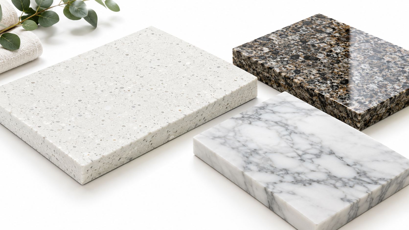 Three different stone surface samples including light terrazzo, dark granite, and white marble for bathroom countertops.
