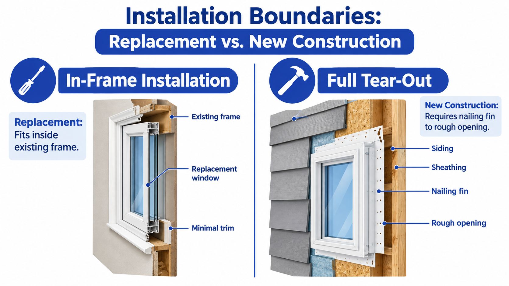 A comparative diagram explaining the differences between in-frame window replacement and new construction full tear-out installations.