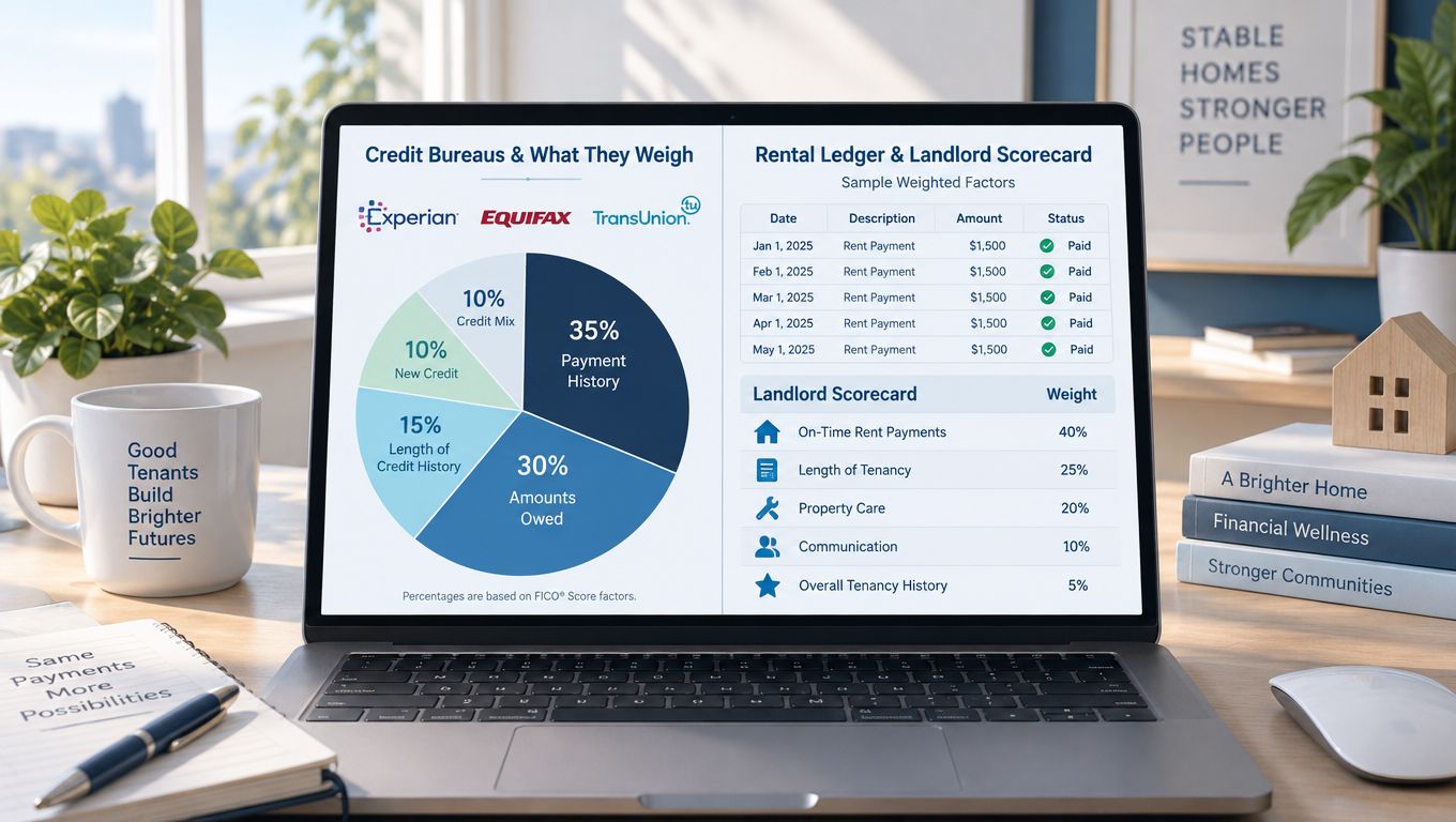 A laptop screen displaying a comparison between credit score factors and a rental ledger landlord scorecard.