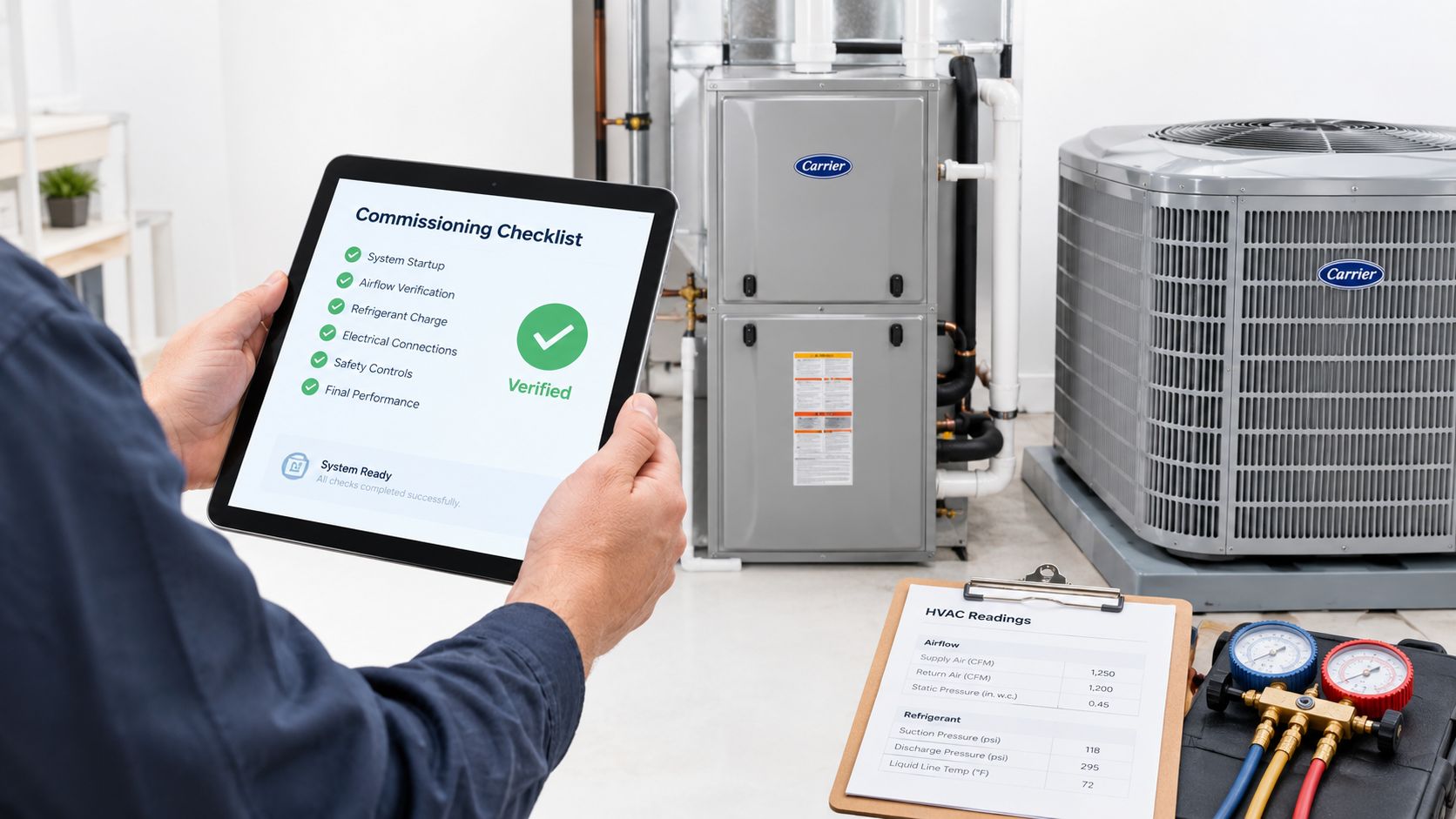A technician holds a tablet displaying a verified HVAC commissioning checklist next to a new furnace system.