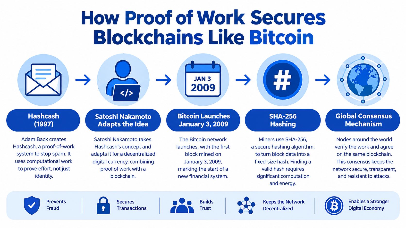 An infographic titled How Proof of Work Secures Blockchains explaining the history and process of Bitcoin mining.