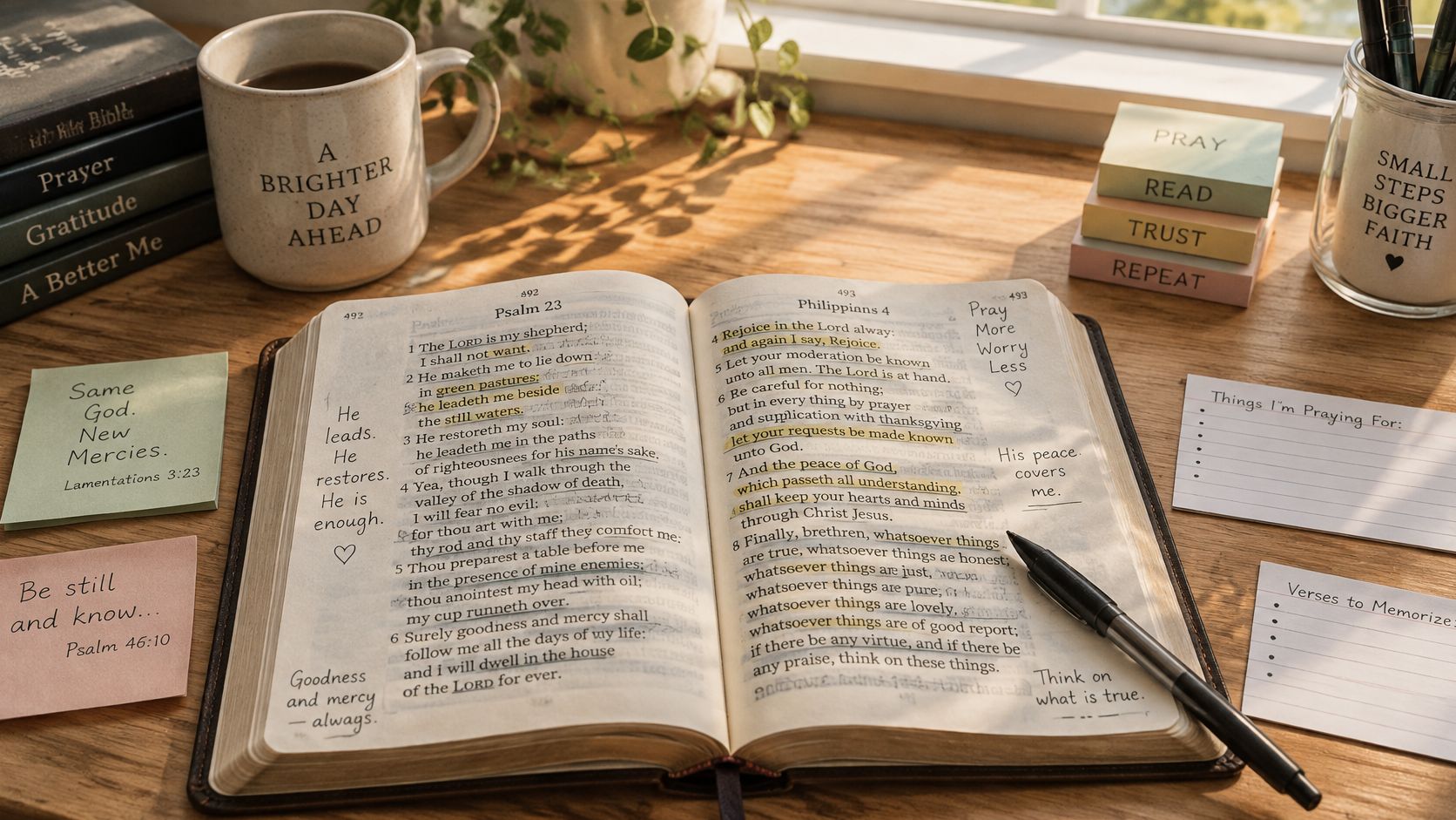 An open Bible on a wooden desk with prayer notes, a coffee mug, and inspirational sticky notes.