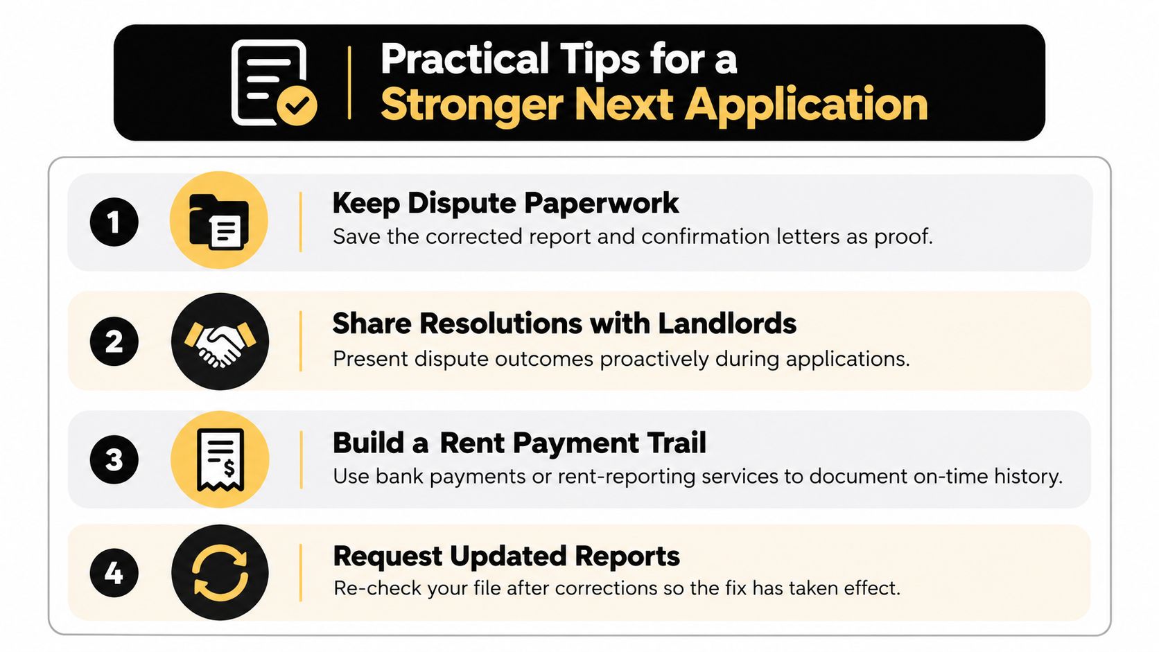 An infographic showing four practical tips for improving a rental application, including keeping records and payment history.
