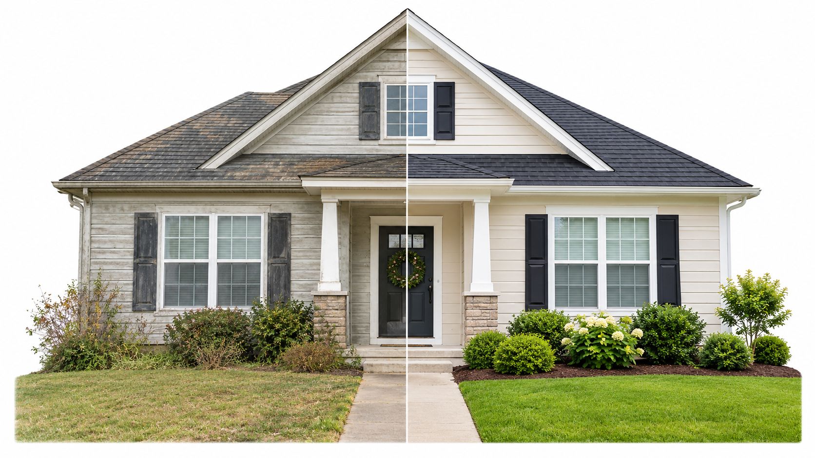 A split screen comparison showing a house before and after professional exterior home cleaning services.
