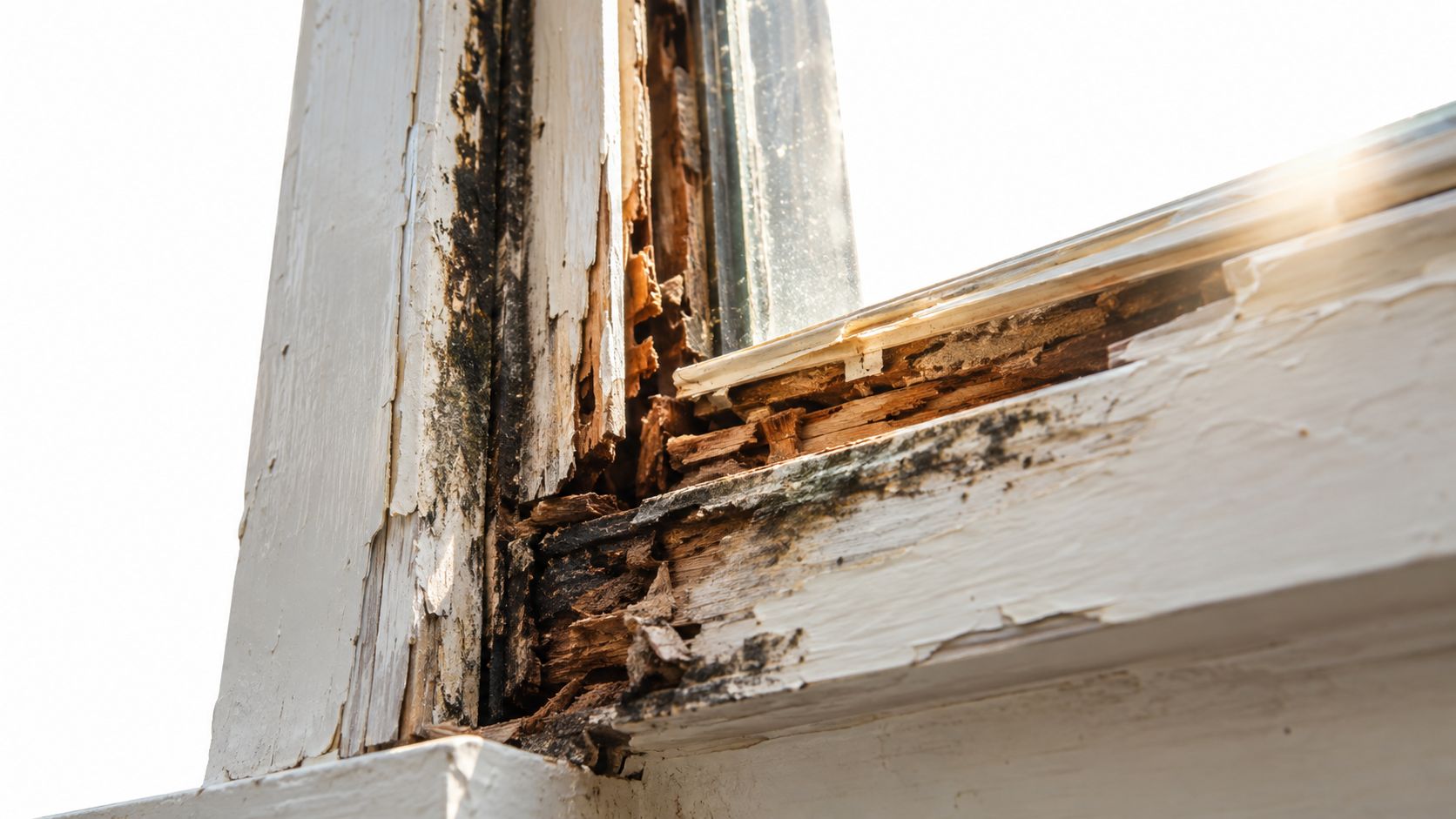 Close up view of severely rotted and damaged wooden window frame showing significant wood decay and peeling paint.