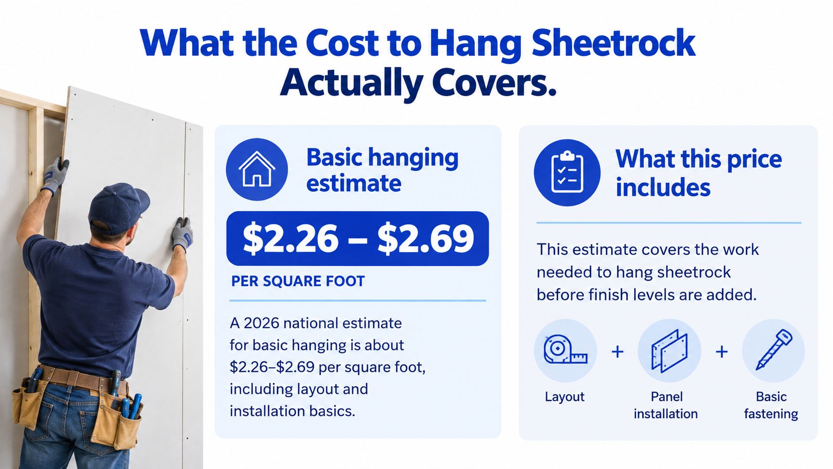 A professional construction worker installing sheetrock panels on a wall with estimated pricing information shown nearby.