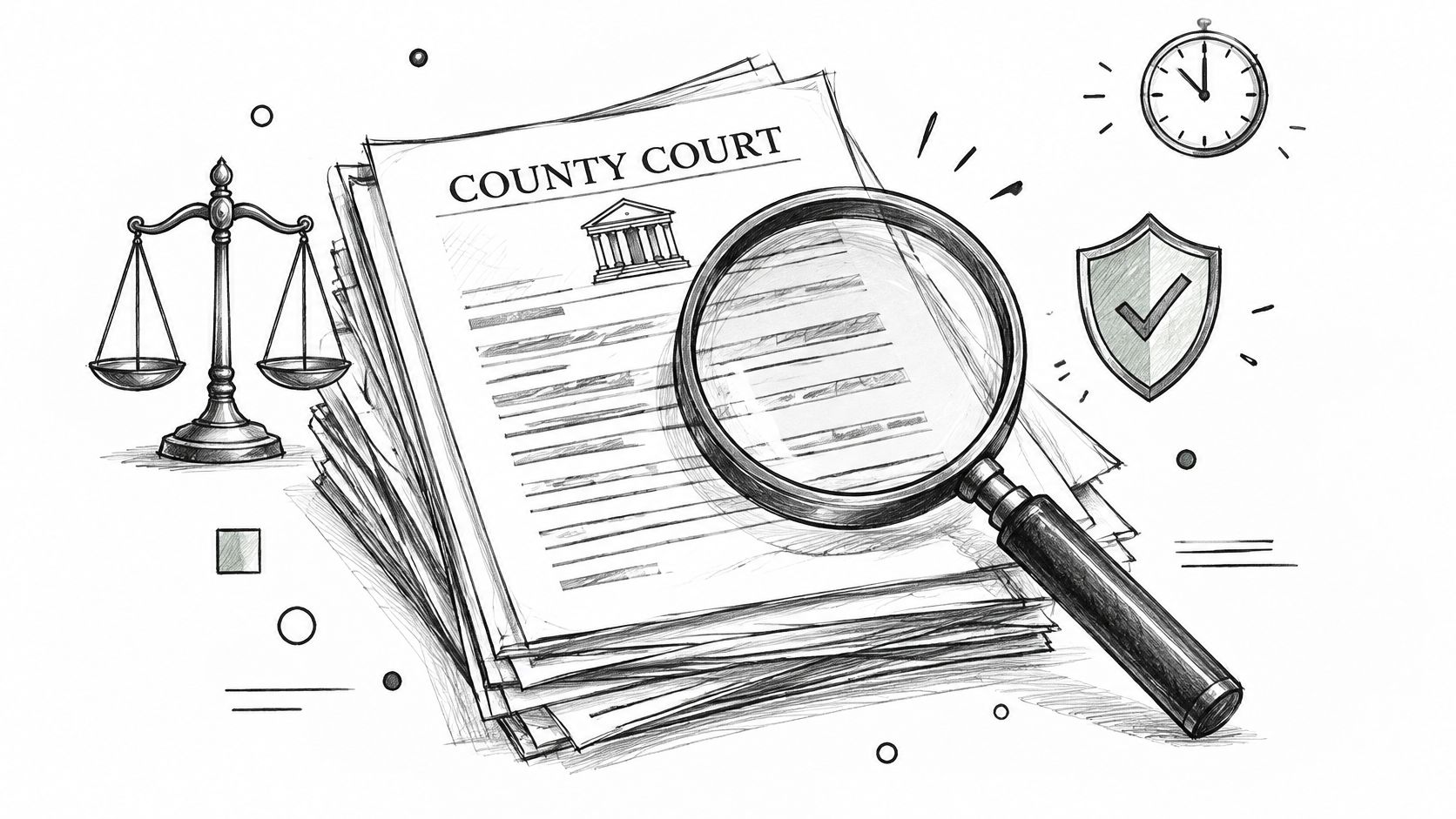 A black and white sketch featuring court documents, a magnifying glass, a scale of justice, and a shield.