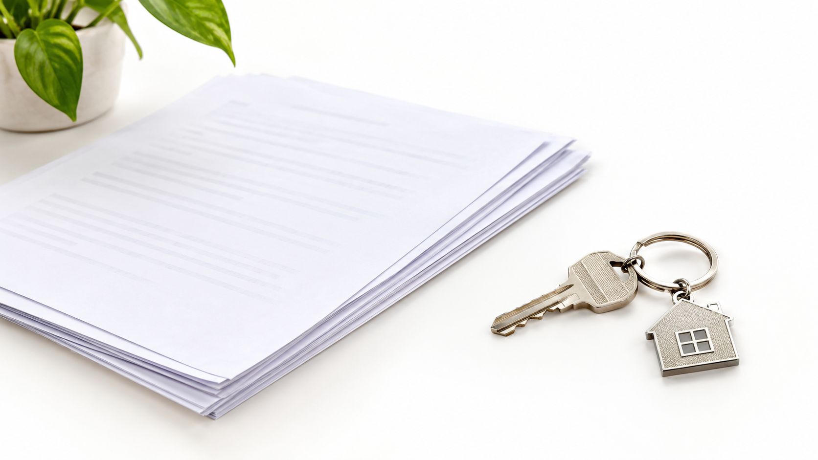 A stack of white legal documents beside a house-shaped keychain on a clean white table surface.