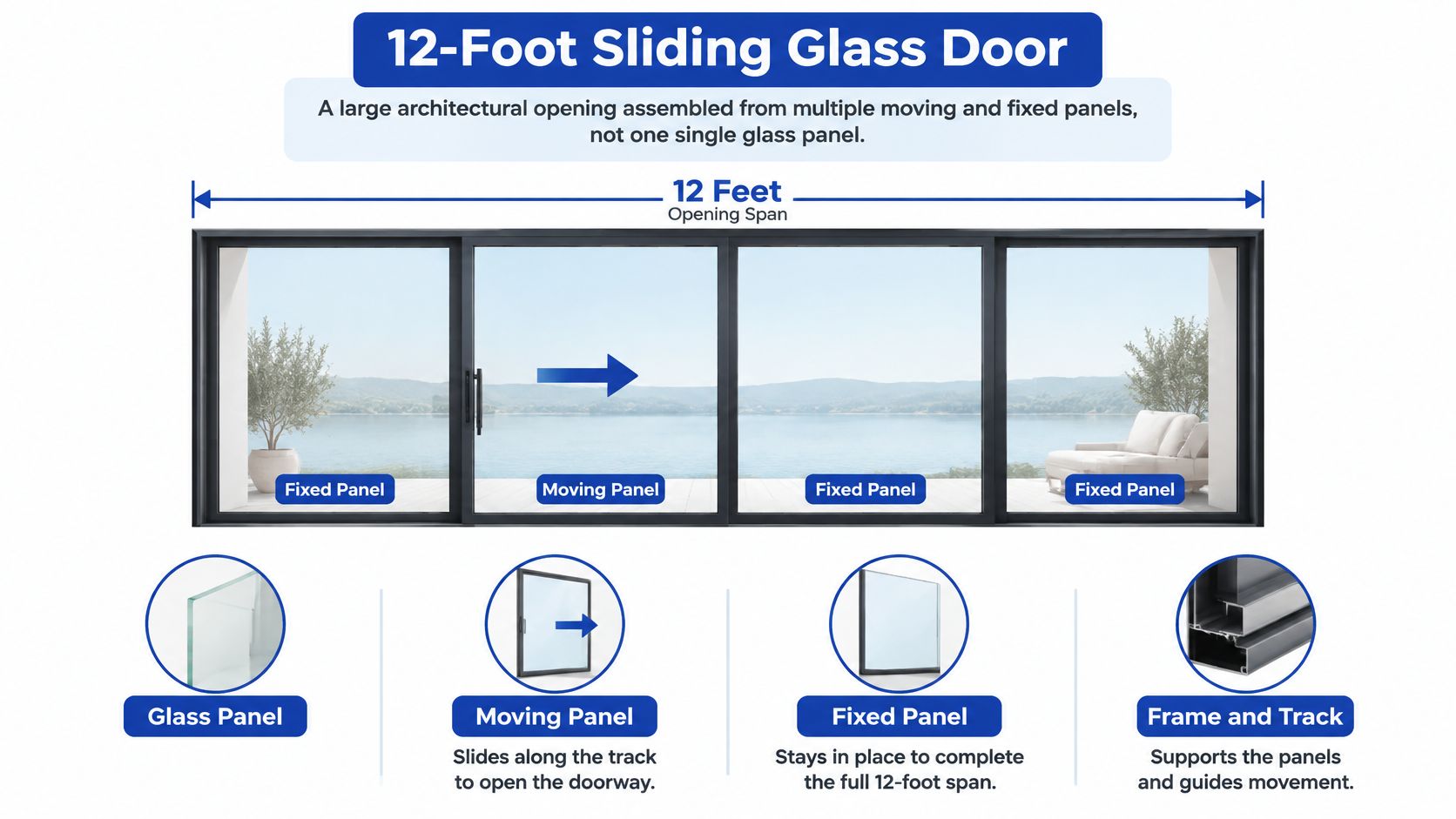 A diagram illustrating the components of a 12-foot sliding glass door system with multiple panels.