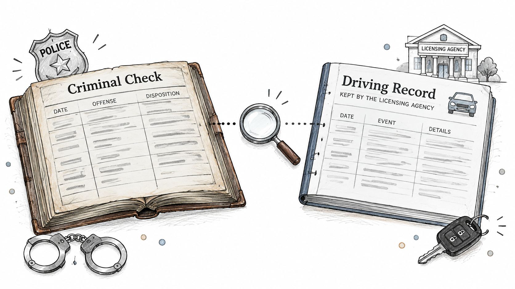 A hand-drawn illustration contrasting a criminal record book with a driving record book.
