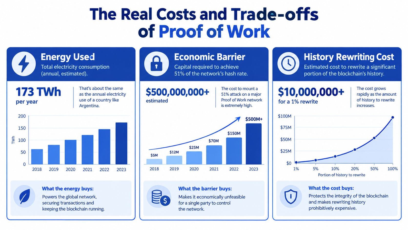 An infographic titled The Real Costs and Trade-offs of Proof of Work showing energy and security metrics.