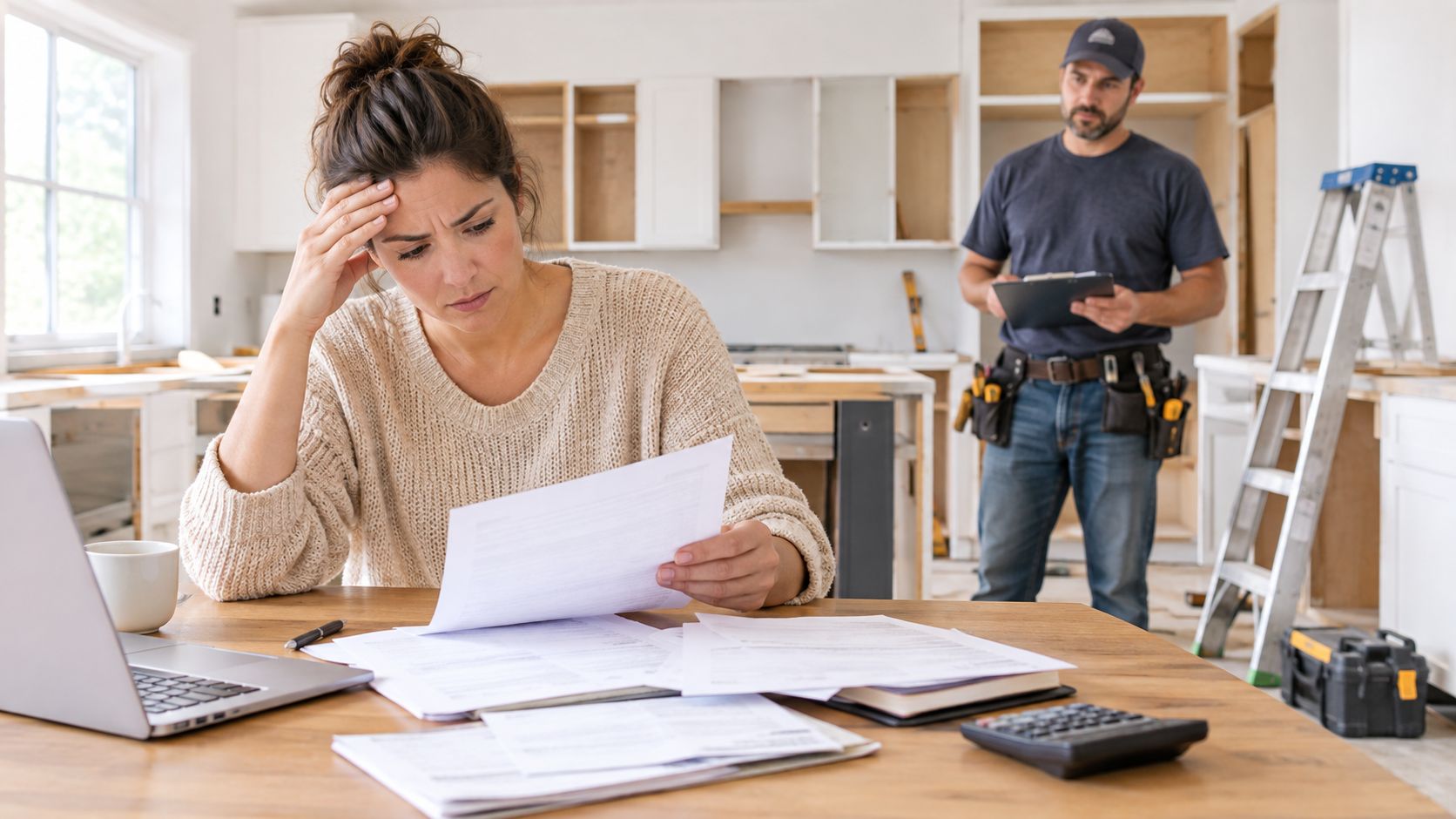 A stressed woman reviewing renovation papers at a table while a contractor holds a clipboard nearby.
