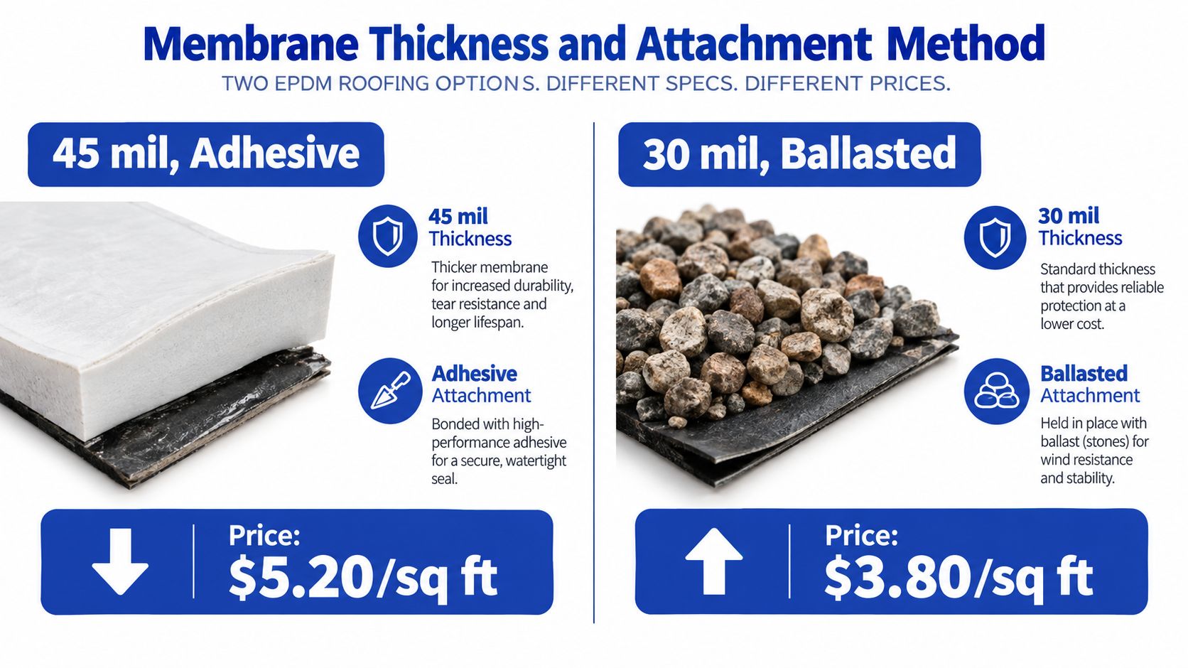 A comparison chart showing two EPDM roofing options with their respective thicknesses, attachment methods, and pricing per square foot.