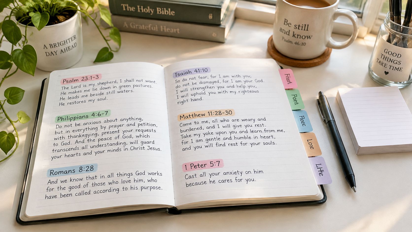 An open notebook containing handwritten Bible verses sits on a desk next to a mug and pen.