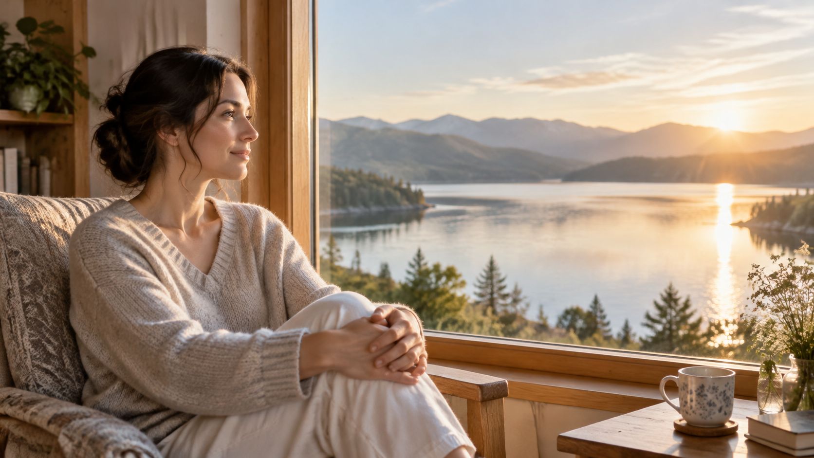 A serene woman sitting by a large window, enjoying a peaceful mountain lake sunset with coffee.
