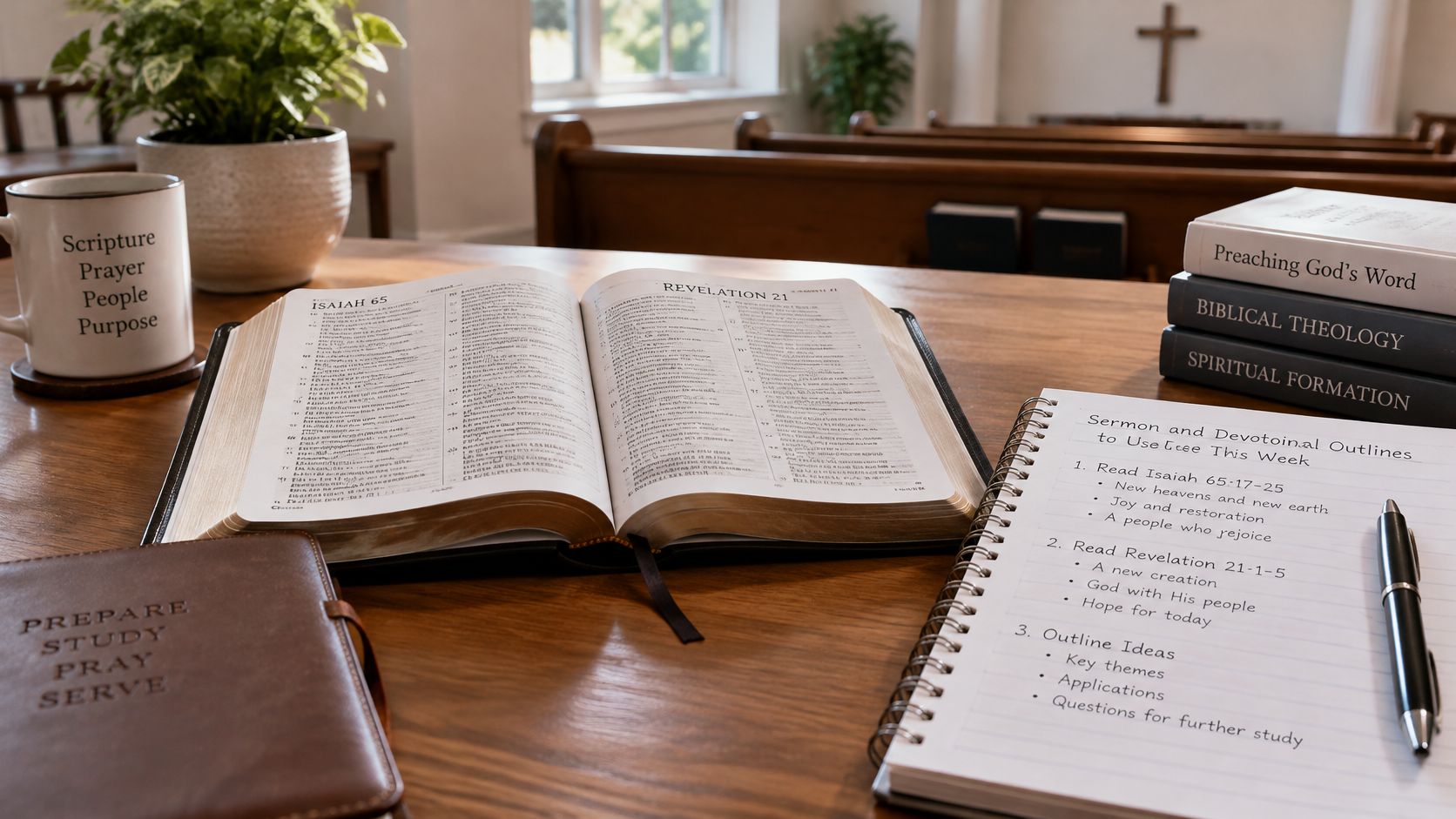 An open Bible on a wooden church pew alongside sermon notes, a pen, and theological books.