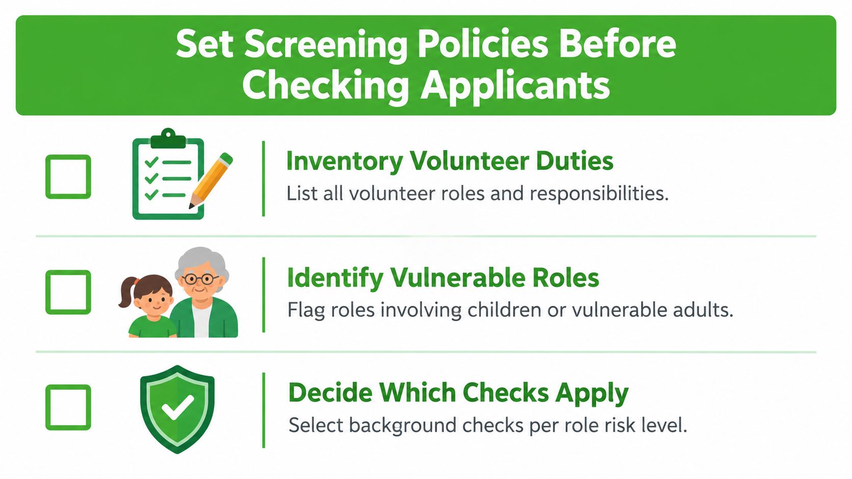 An infographic titled Set Screening Policies Before Checking Applicants with three steps for screening volunteers.