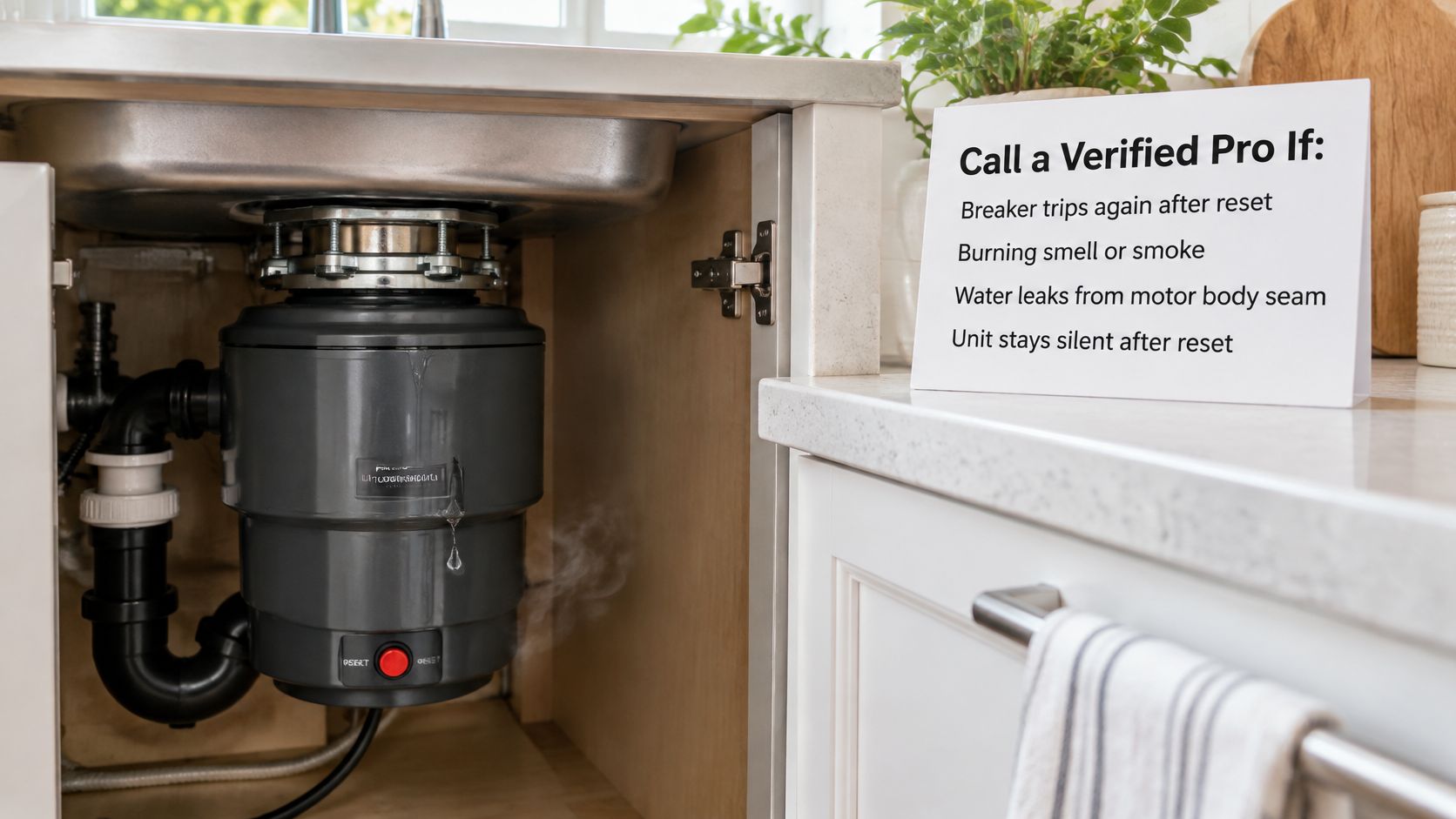 A leaking and smoking garbage disposal unit installed under a kitchen sink with a troubleshooting sign nearby.