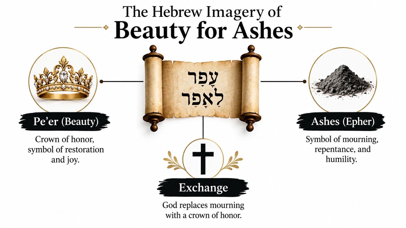 A visual explanation of the Hebrew phrase Beauty for Ashes featuring a crown, a scroll, and ashes.