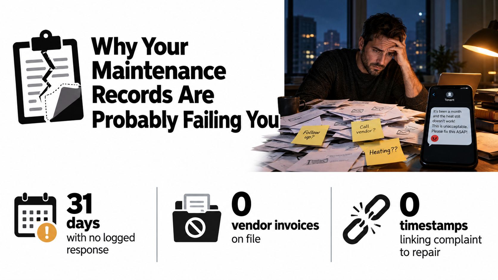 A stressed property manager buried under paperwork with an urgent tenant maintenance complaint on a phone screen.