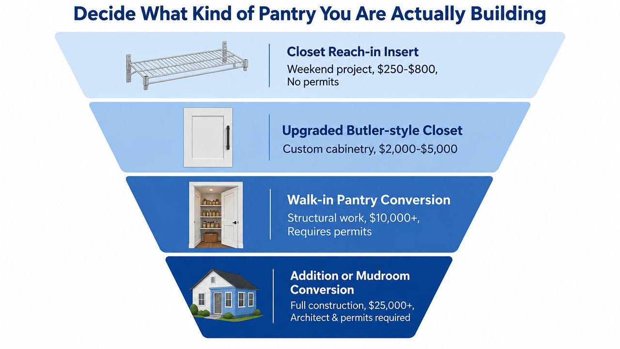 A funnel graphic illustrating four types of pantry projects ranging from simple inserts to major home additions.
