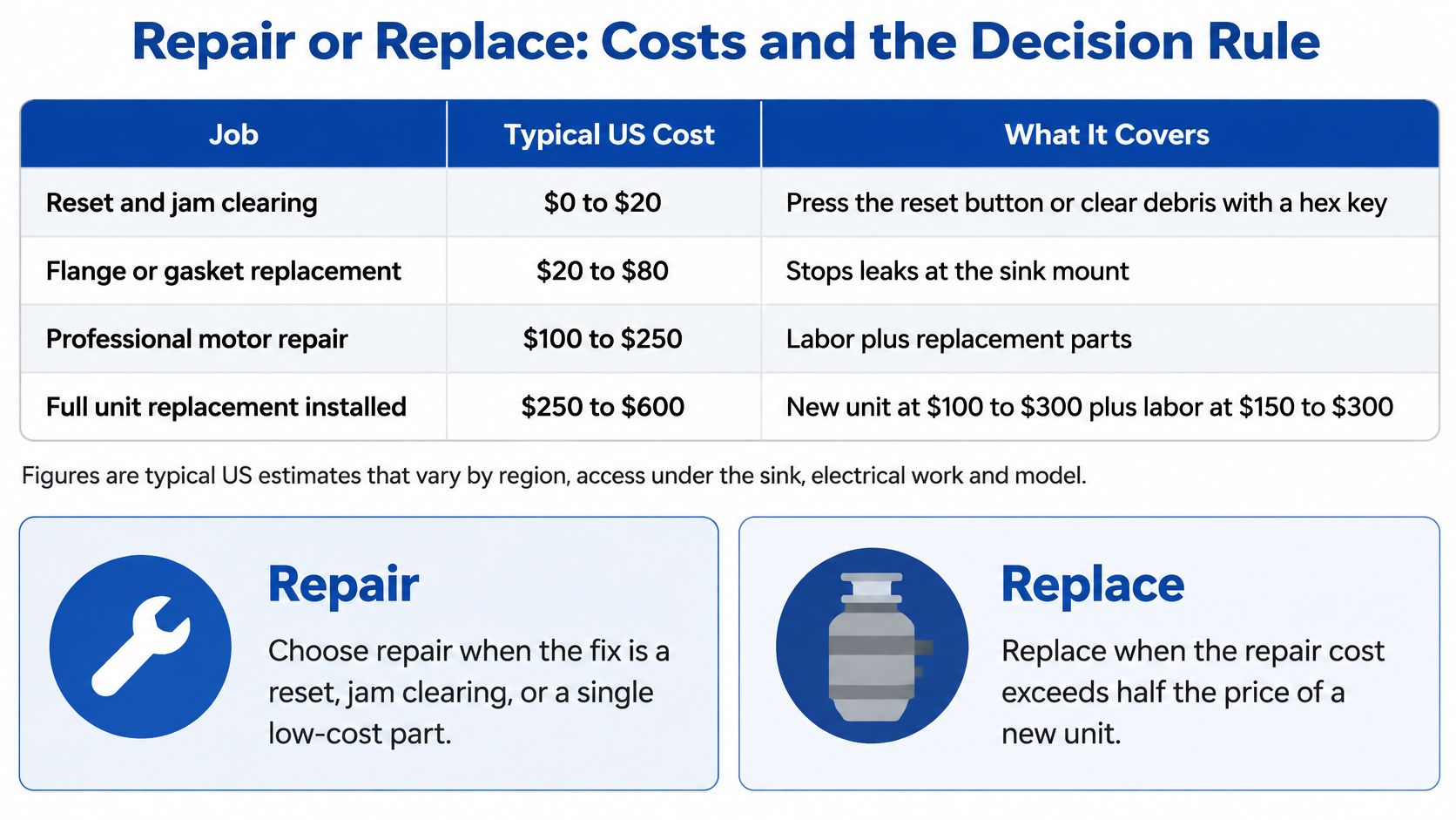 A chart comparing typical US costs for repairing or replacing a broken garbage disposal unit.