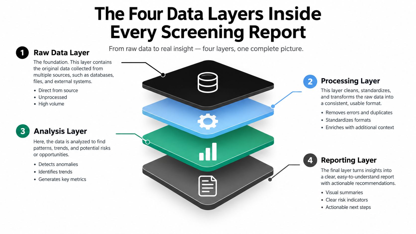 A diagram illustrating the four data layers in a screening report: raw data, processing, analysis, and reporting.