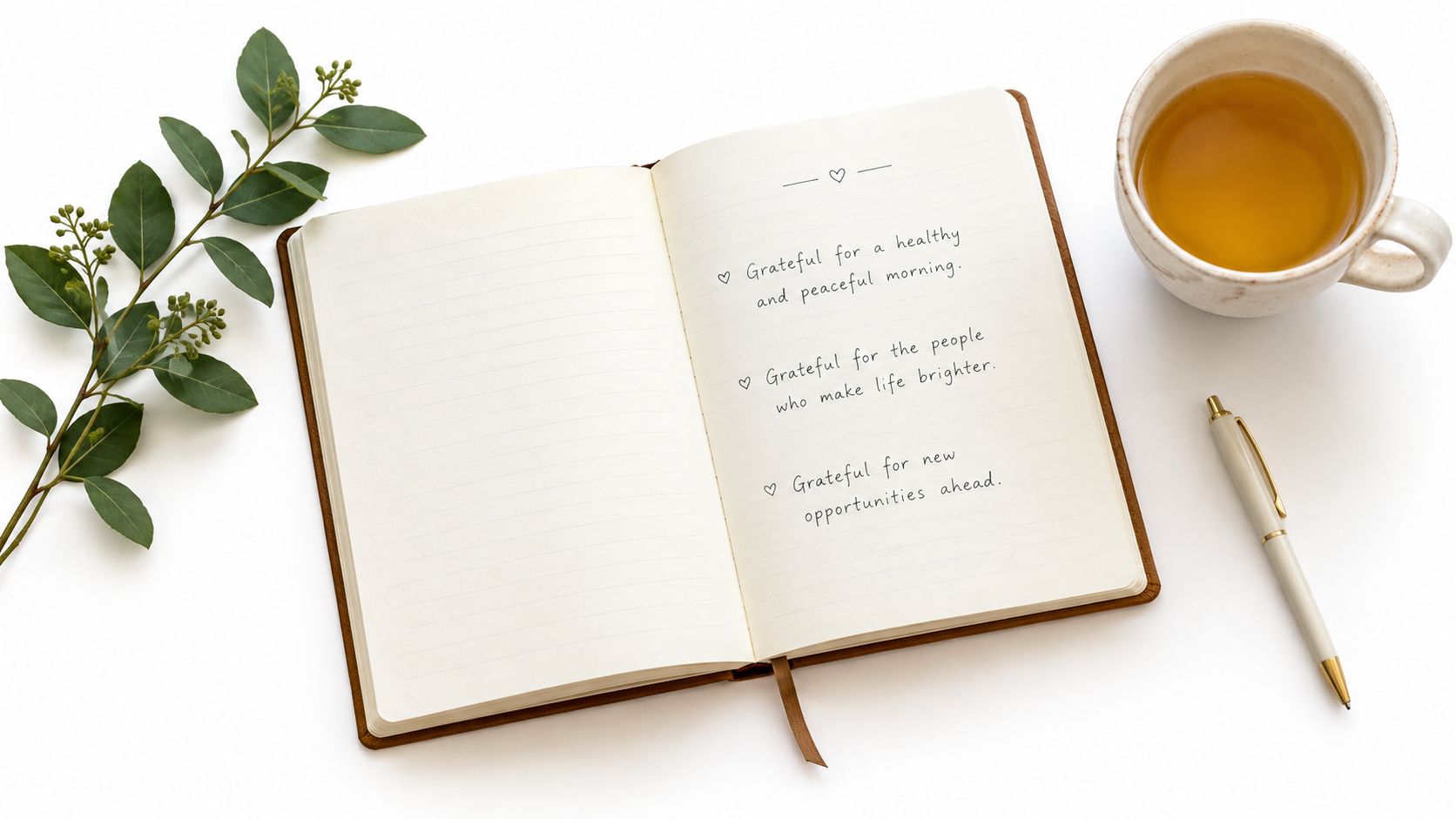 An open notebook with gratitude entries sitting on a white desk next to tea and greenery.