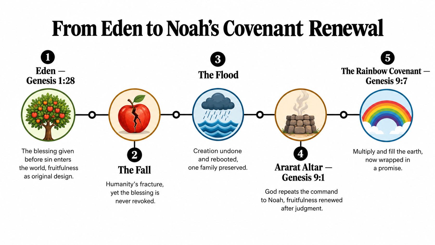 A timeline graphic showing biblical progression from Eden to Noah's covenant with themes of fruitfulness and restoration.