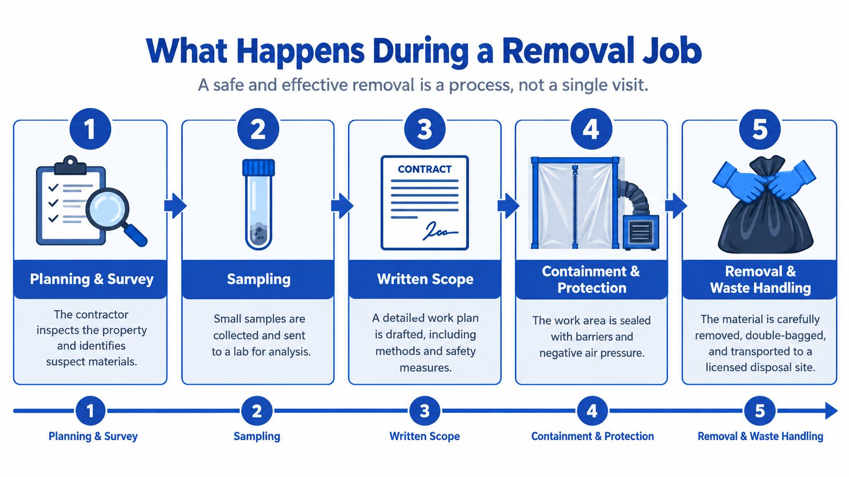 An infographic detailing the five-step process of professional asbestos removal, including surveying, sampling, scoping, containment, and disposal.