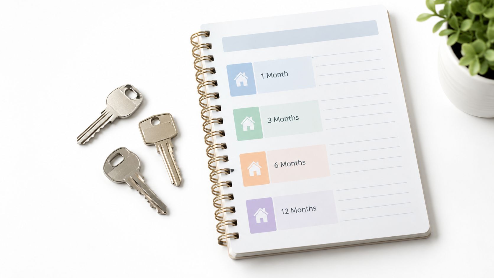 A spiral notebook with rental term options displayed next to several metal house keys on a table.