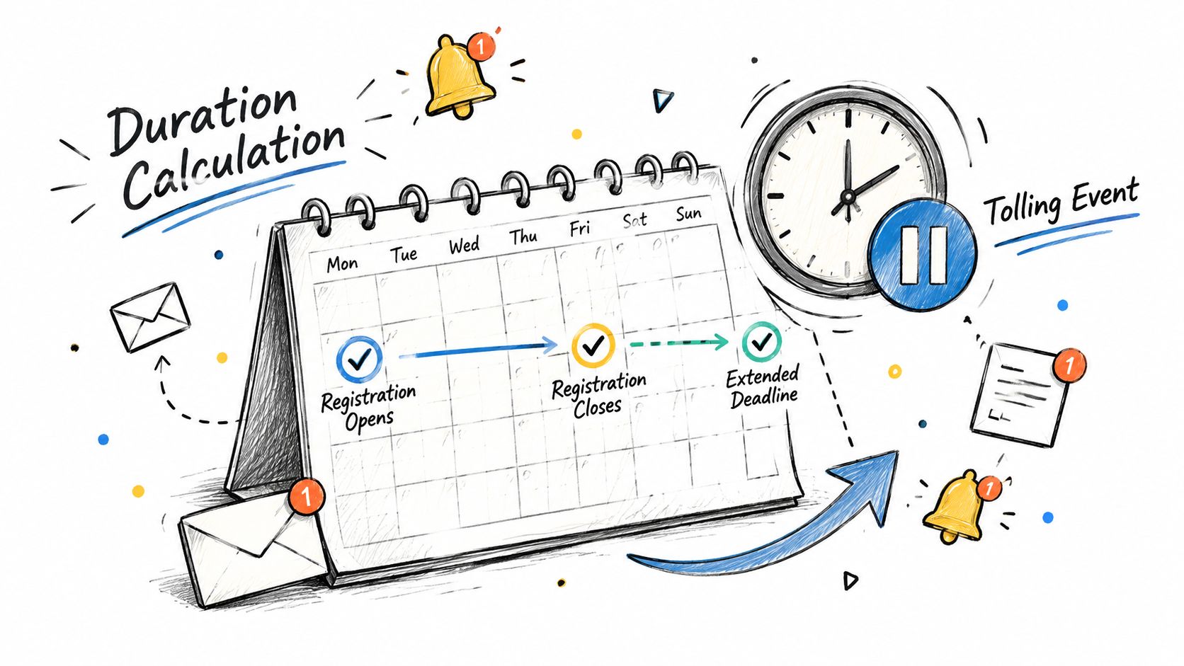 A hand-drawn calendar illustration representing registration timelines, deadlines, and notification icons for time tracking processes.