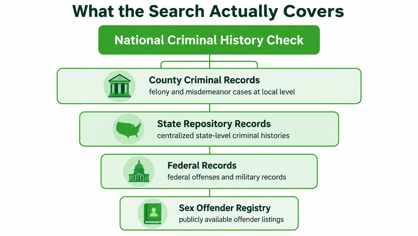 A diagram illustrating the components of a national criminal history check including various levels of records.