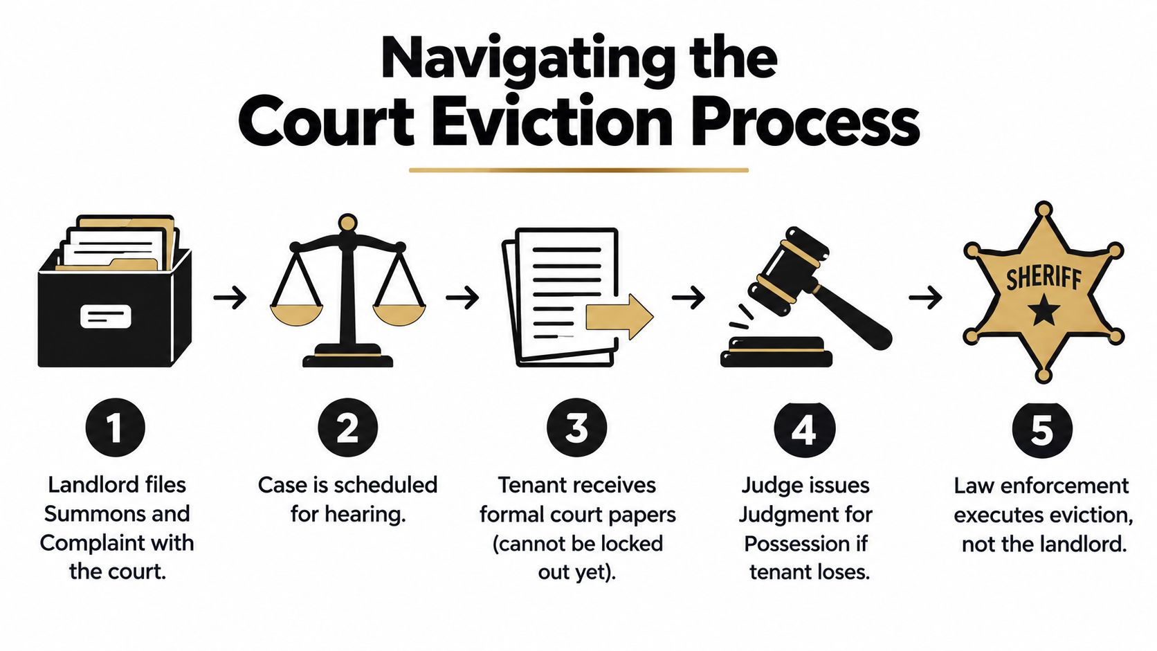 A five-step infographic showing the legal court eviction process from filing a complaint to final enforcement.