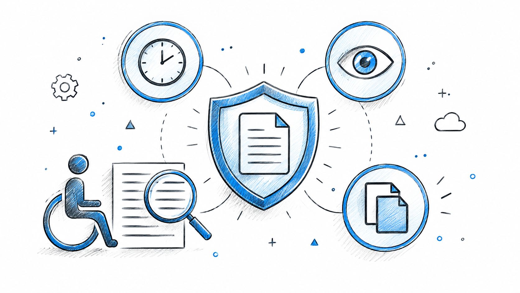 An illustration showing a document shield surrounded by icons representing time, privacy, and accessible document review.