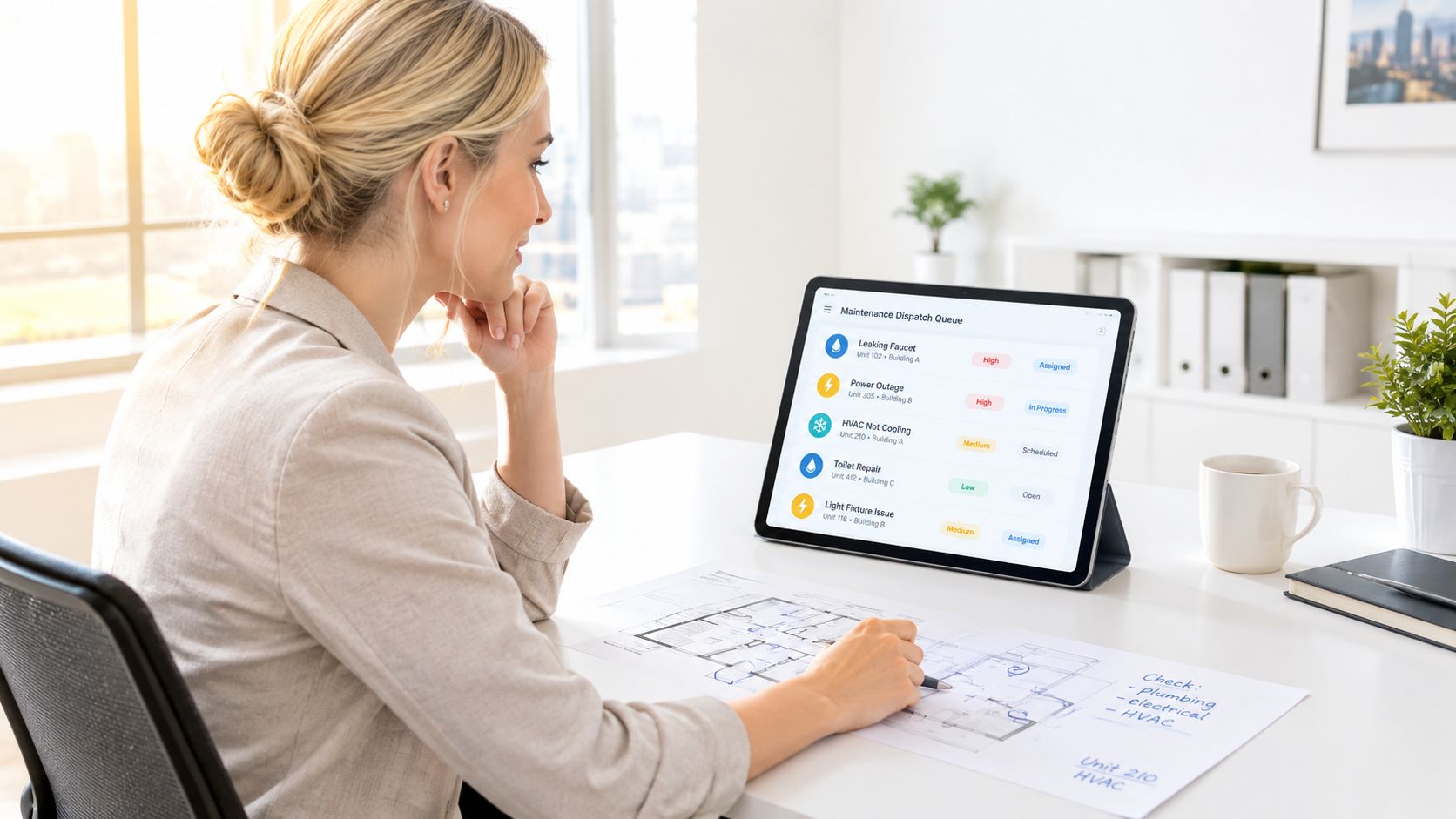 A professional woman reviews maintenance request software on a tablet while looking at architectural blueprints at her desk.