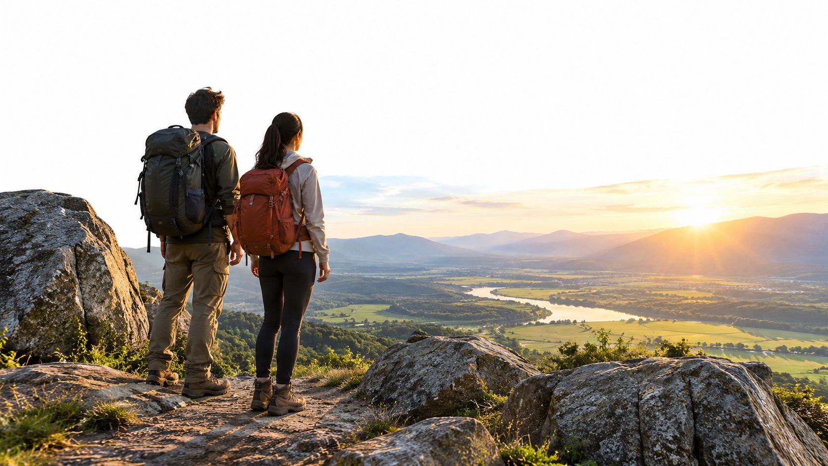 Hikers looking across a broad valley from a mountain viewpoint.