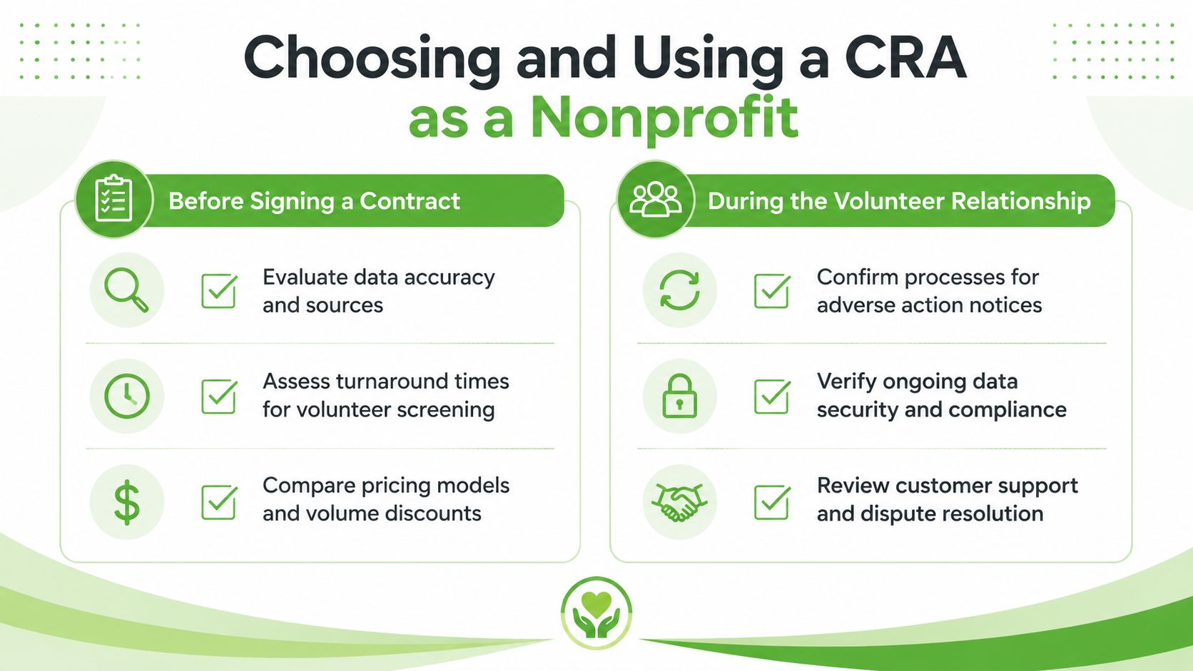 A checklist infographic outlining key considerations for nonprofits when choosing and managing a consumer reporting agency.