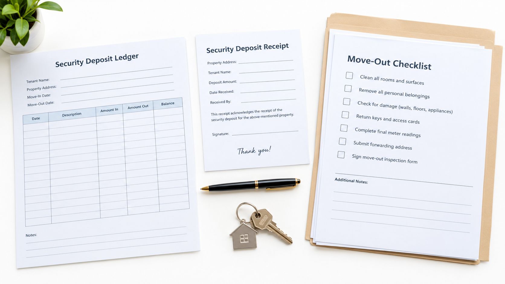 A flat lay of property management documents including a security deposit ledger, receipt, and a move-out checklist.
